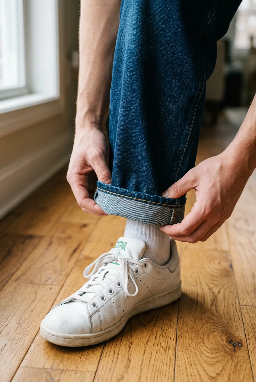 Hands creating precise two-inch cuff on straight-leg baggy jeans with white sneaker visible