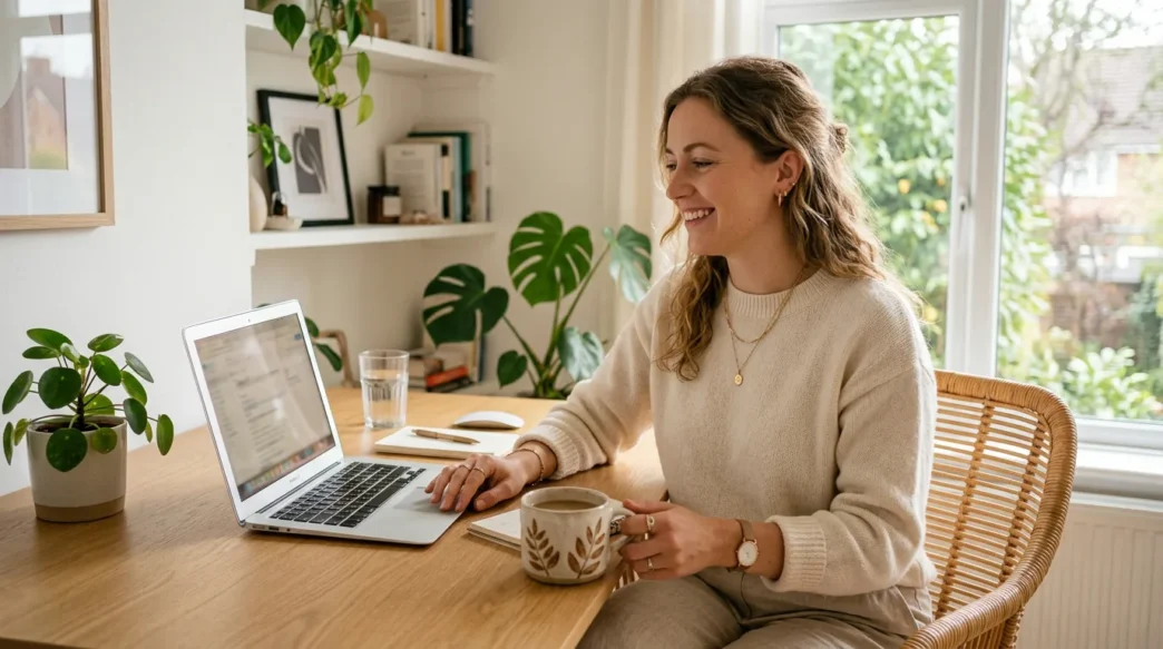 Woman in professional outfit seated at bright home office desk with laptop and mug