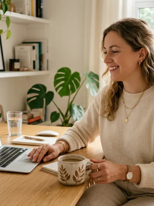 Woman in professional outfit seated at bright home office desk with laptop and mug