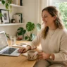 Woman in professional outfit seated at bright home office desk with laptop and mug