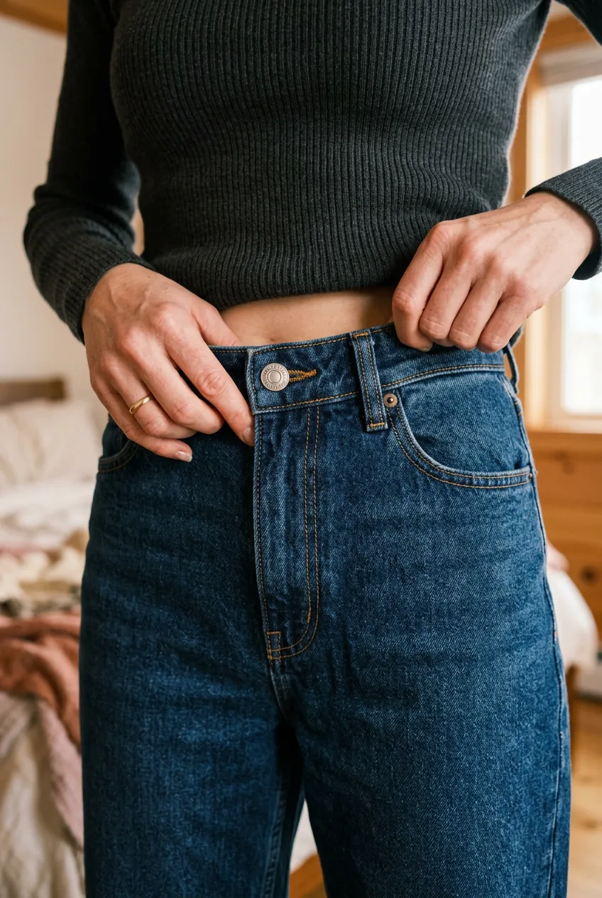 Hands adjusting high-rise baggy jeans waistband at natural waist showing proper fit placement