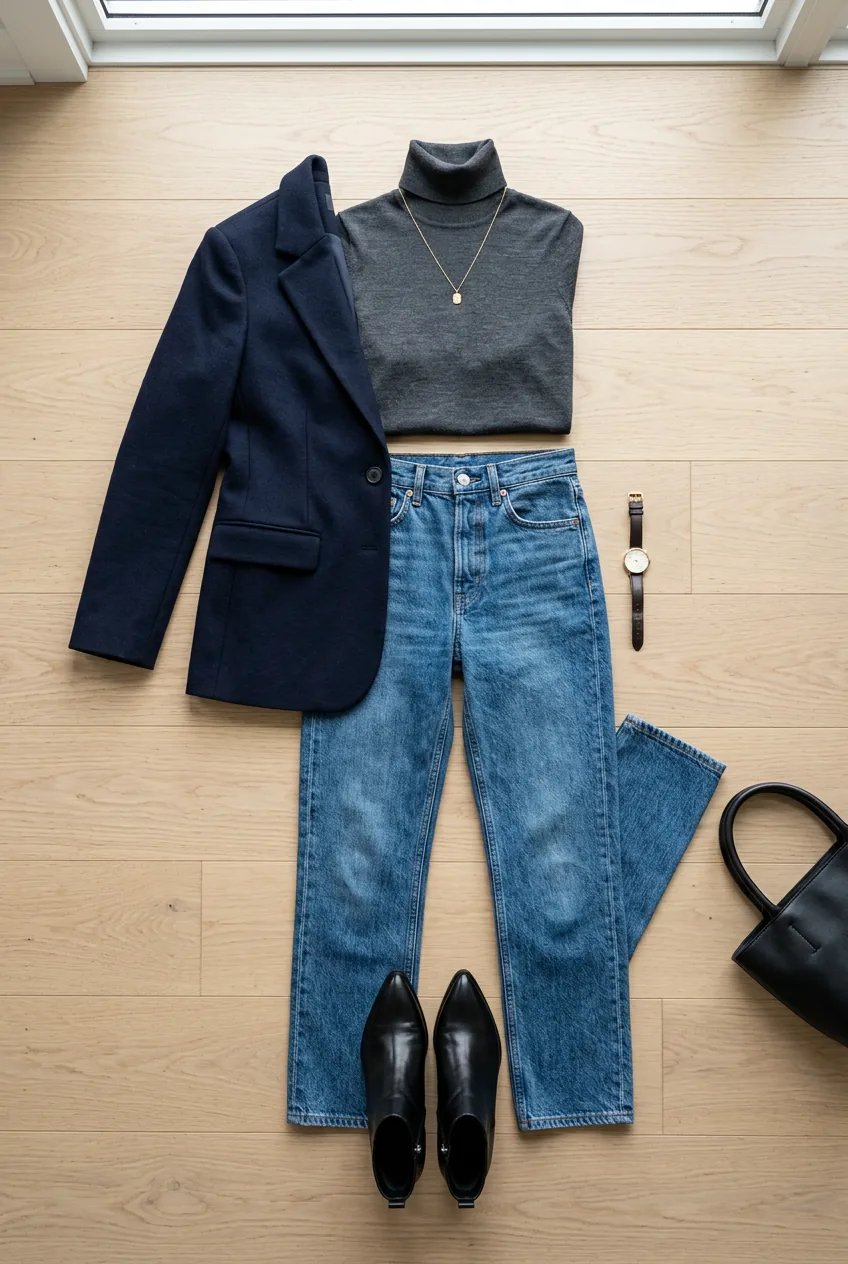Proportionally balanced outfit with fitted turtleneck, straight jeans and structured blazer on wood floor