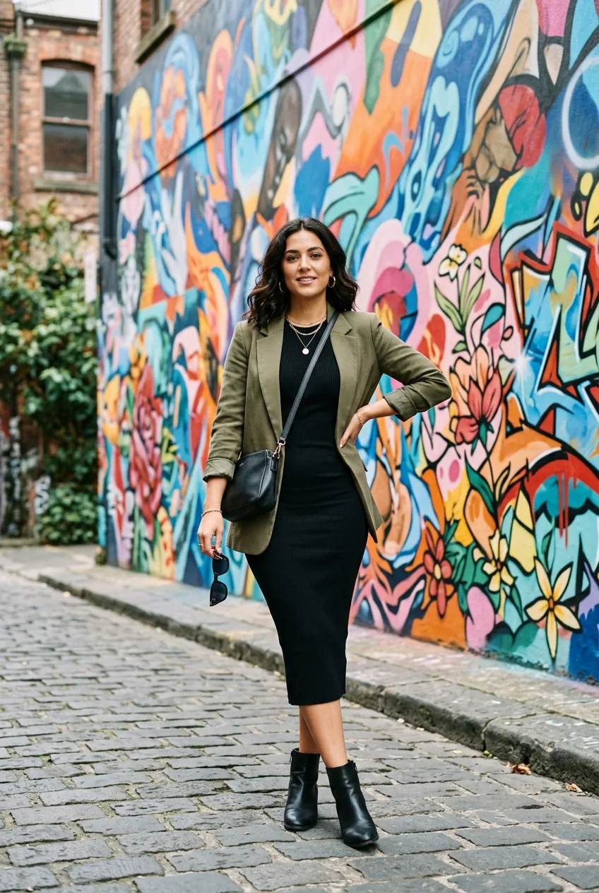 Woman in fitted bodycon dress with blazer posed against colorful artistic street mural