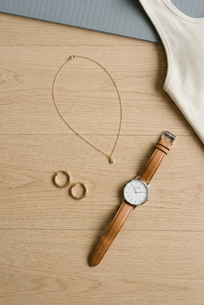 Delicate gold jewelry pieces including chain necklace, watch and hoop earrings arranged as finishing touches