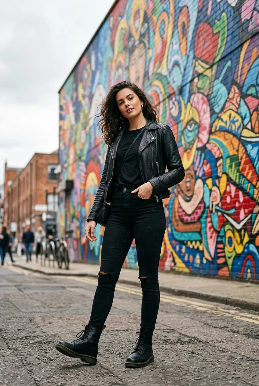 Woman in all-black leather jacket and combat boots posed against colorful artistic mural