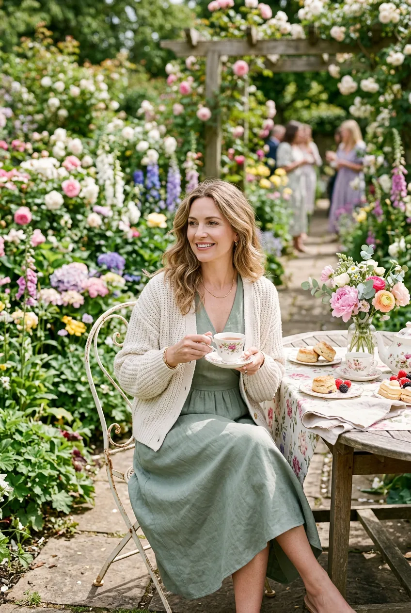 Woman wearing sage green midi dress with cream cardigan at outdoor garden tea party setting