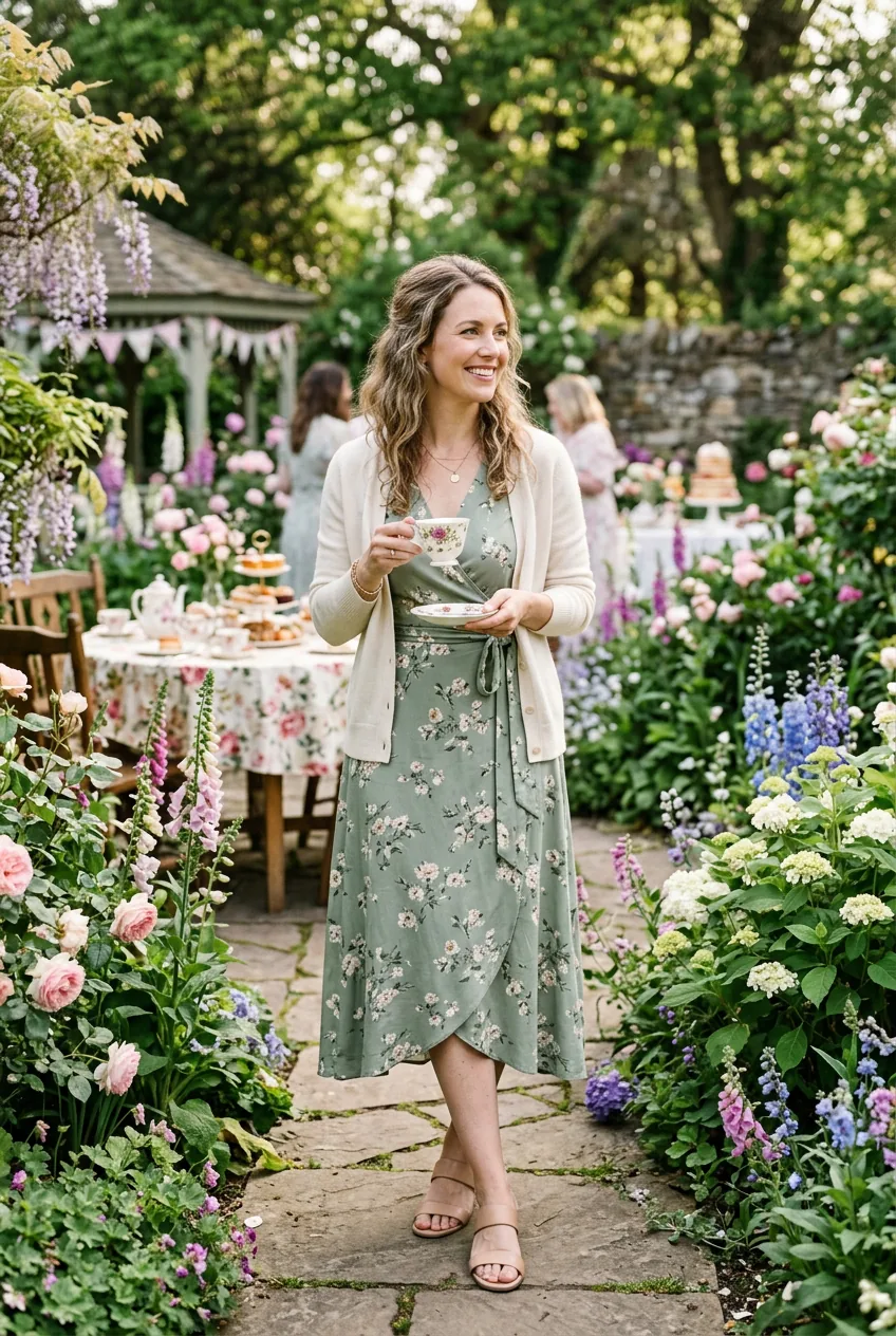 Woman in sage green wrap midi dress with cream cashmere cardigan in garden setting