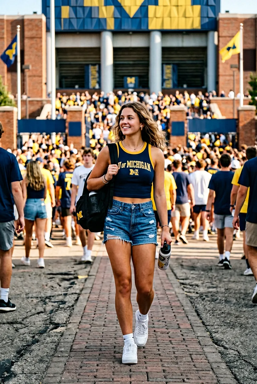 Woman in school-colored crop top and denim shorts walking toward football stadium