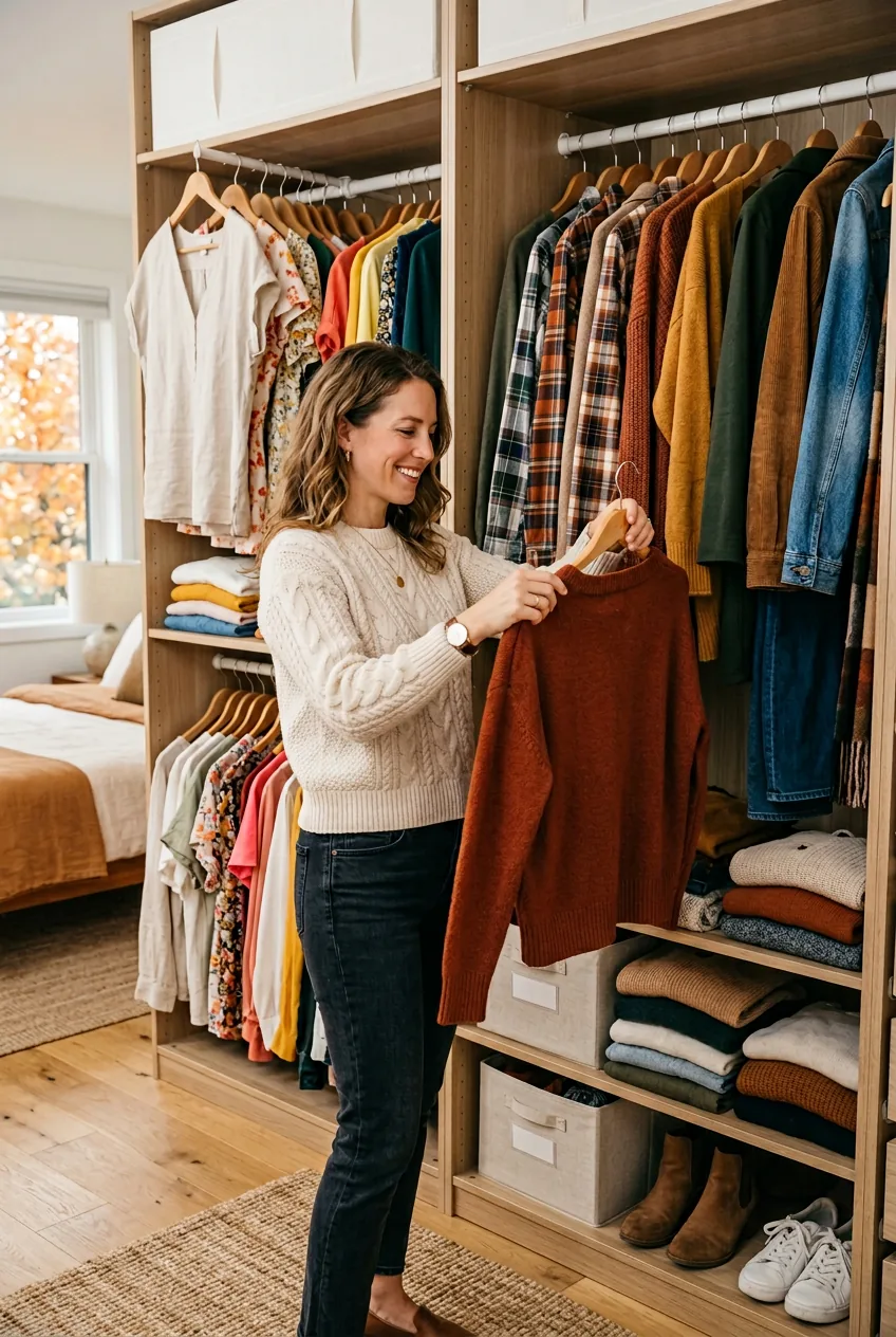 Woman organizing seasonal wardrobe pieces with soft natural lighting in bedroom