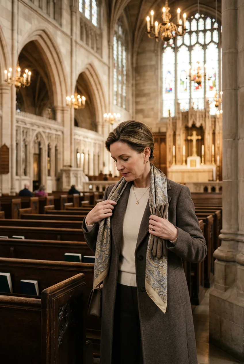 Woman arranging silk scarf over winter church outfit in church sanctuary with chandelier lighting
