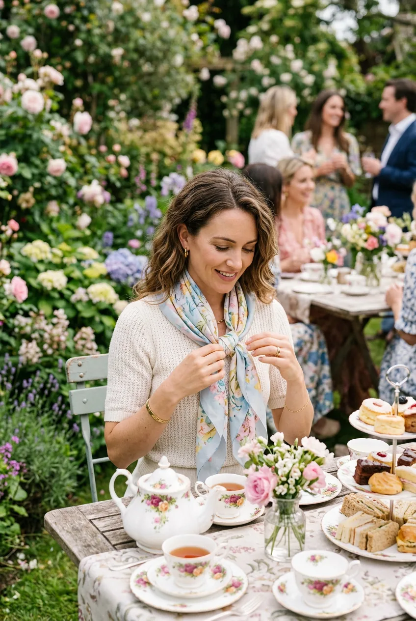 Woman adjusting lightweight silk scarf at outdoor tea party table in garden
