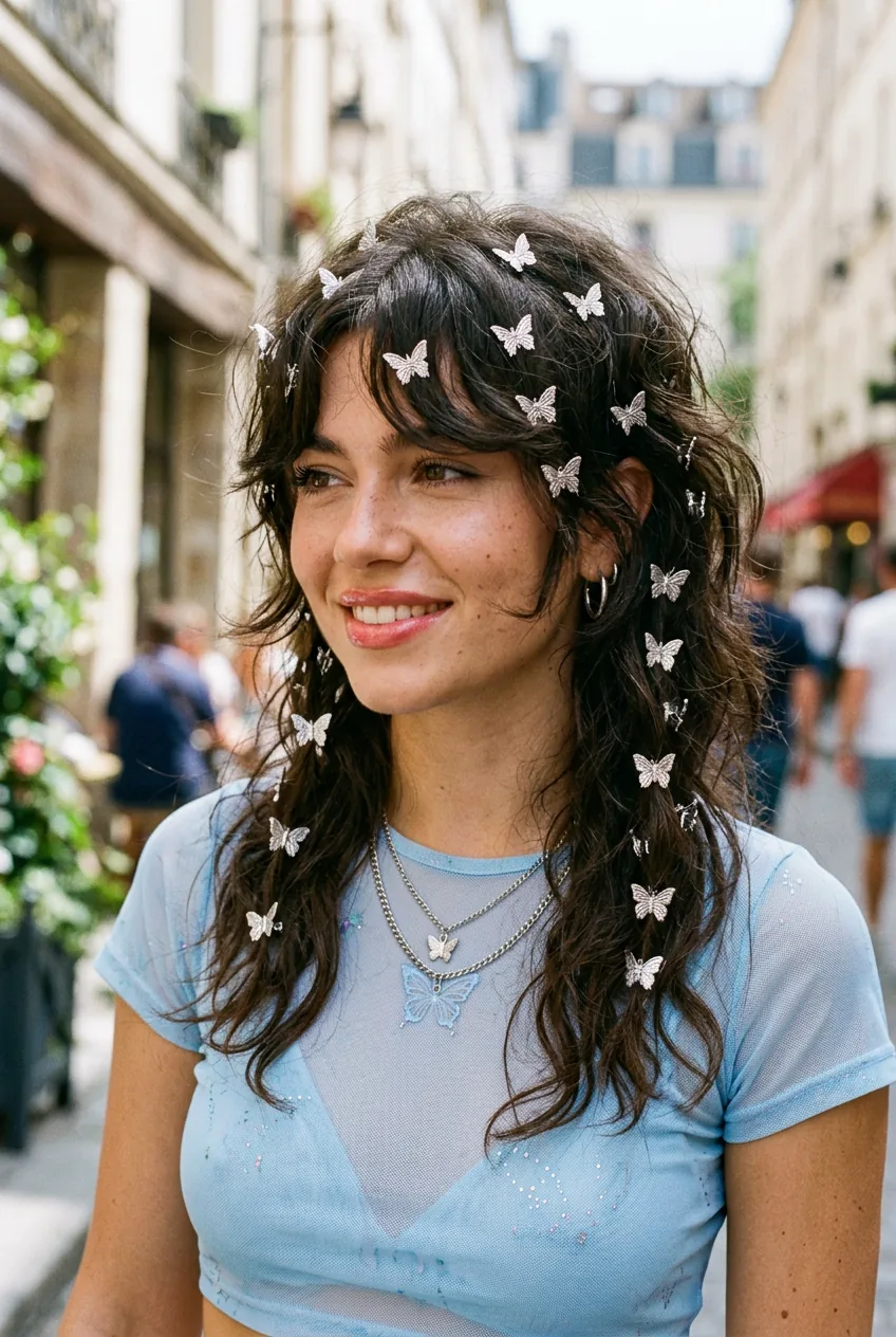 Close-up of woman's hair with strategically placed silver butterfly clips in Y2K style