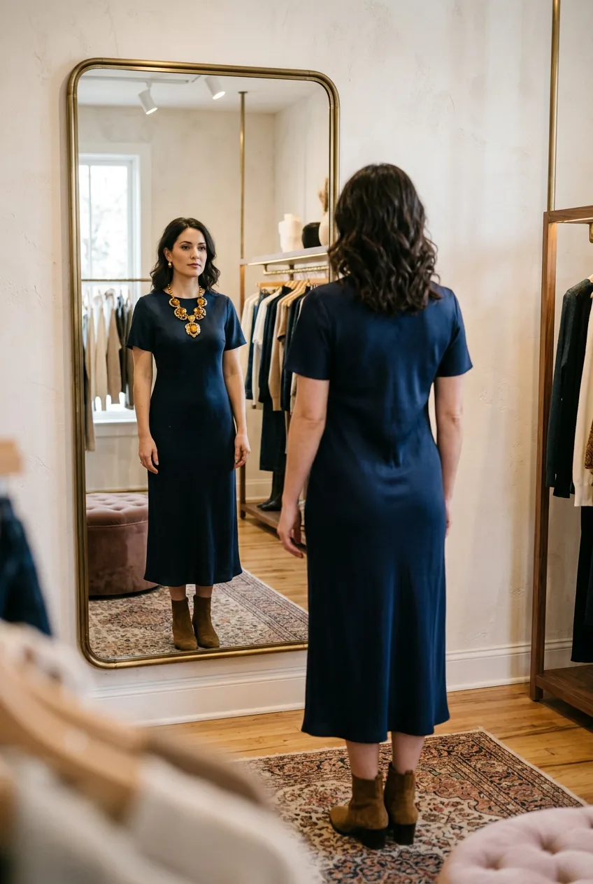 Woman wearing simple outfit with one bold statement jewelry piece reflected in mirror