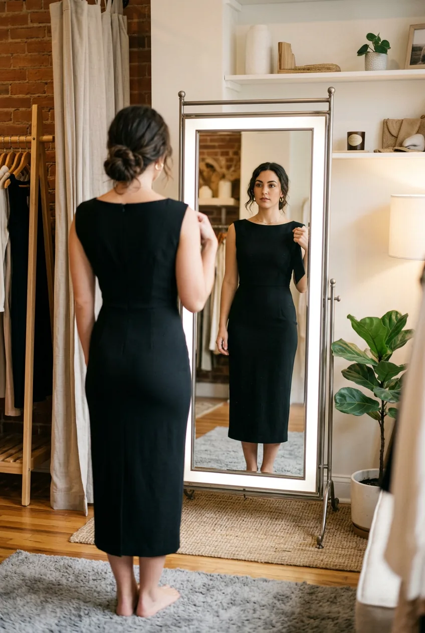 Woman wearing sleek black dress with defined silhouette shown in mirror reflection