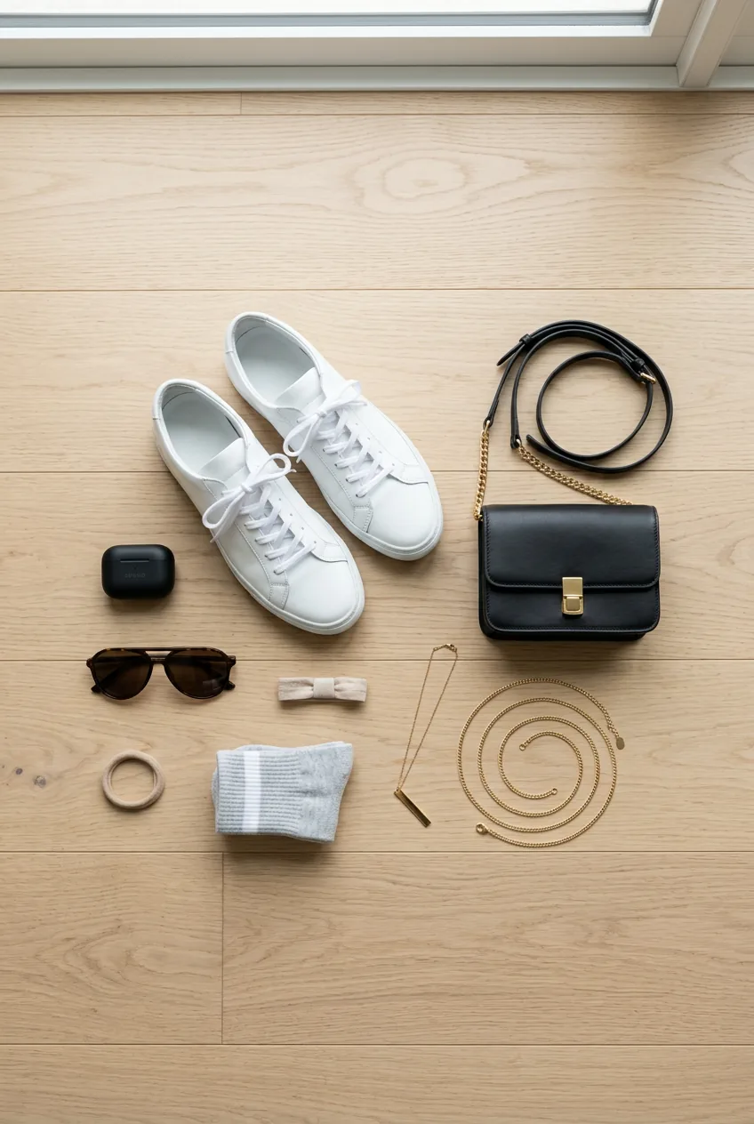 Sporty accessories including clean white sneakers, black leather crossbody bag and gold chain necklace on wood floor