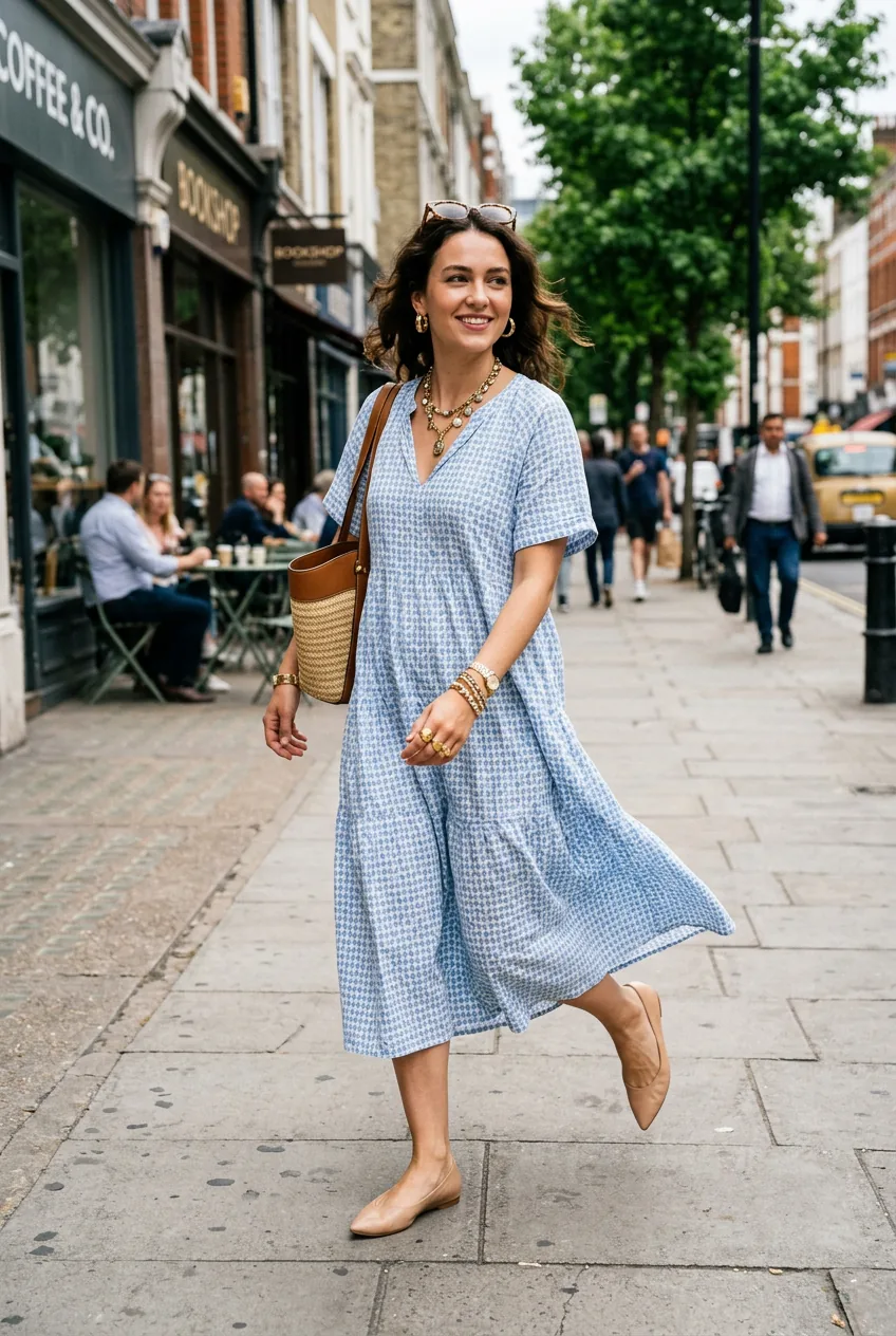 Woman walking in casual frock with statement jewelry and nude flats on urban sidewalk