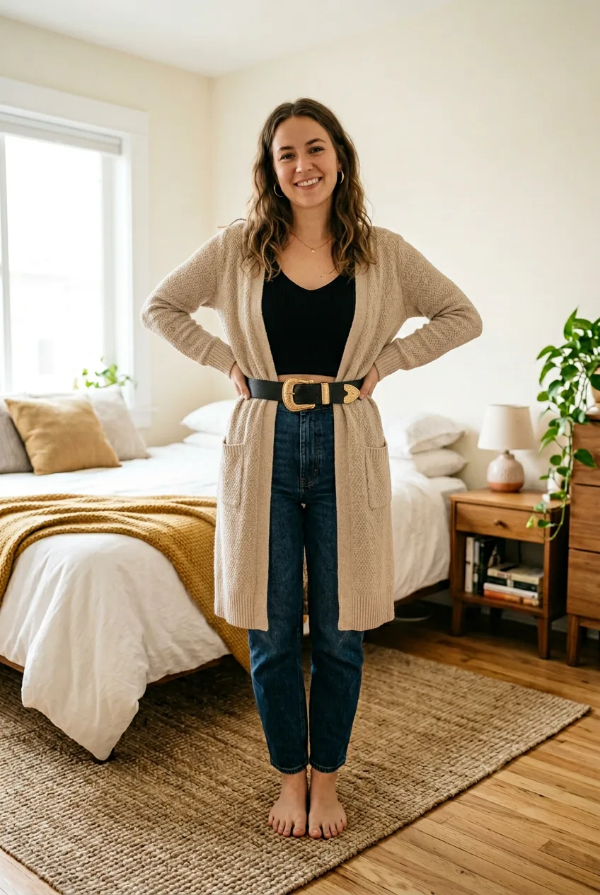 Woman in complete crop top outfit with statement belt showing defined waist