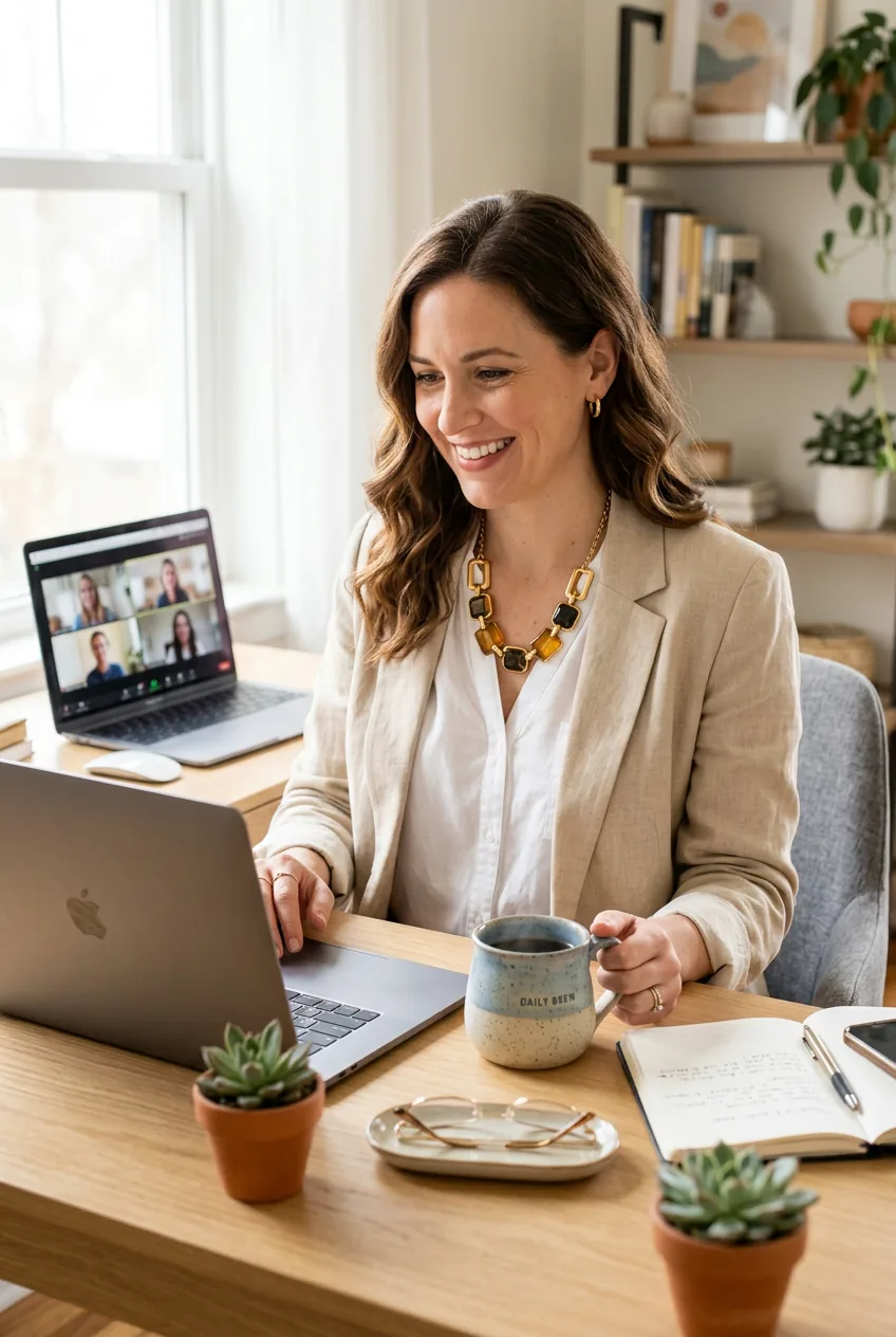 Woman wearing statement necklace over white blouse and blazer during video call at desk