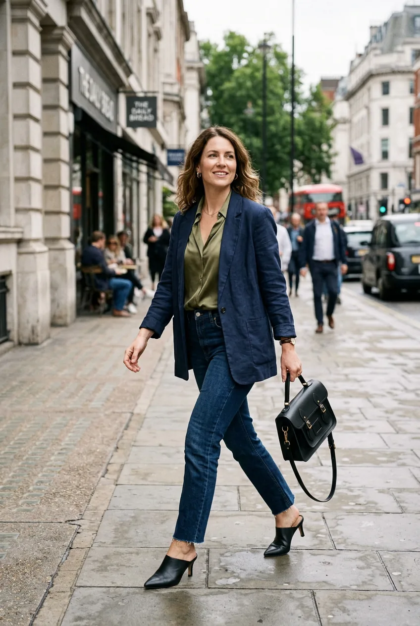 Woman wearing straight-leg jeans, silk blouse, blazer, and heeled mules in elevated casual look