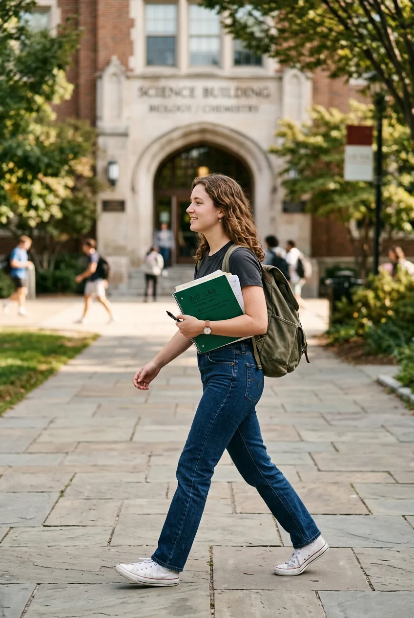 Woman in dark wash straight-leg jeans and cotton t-shirt walking toward science building