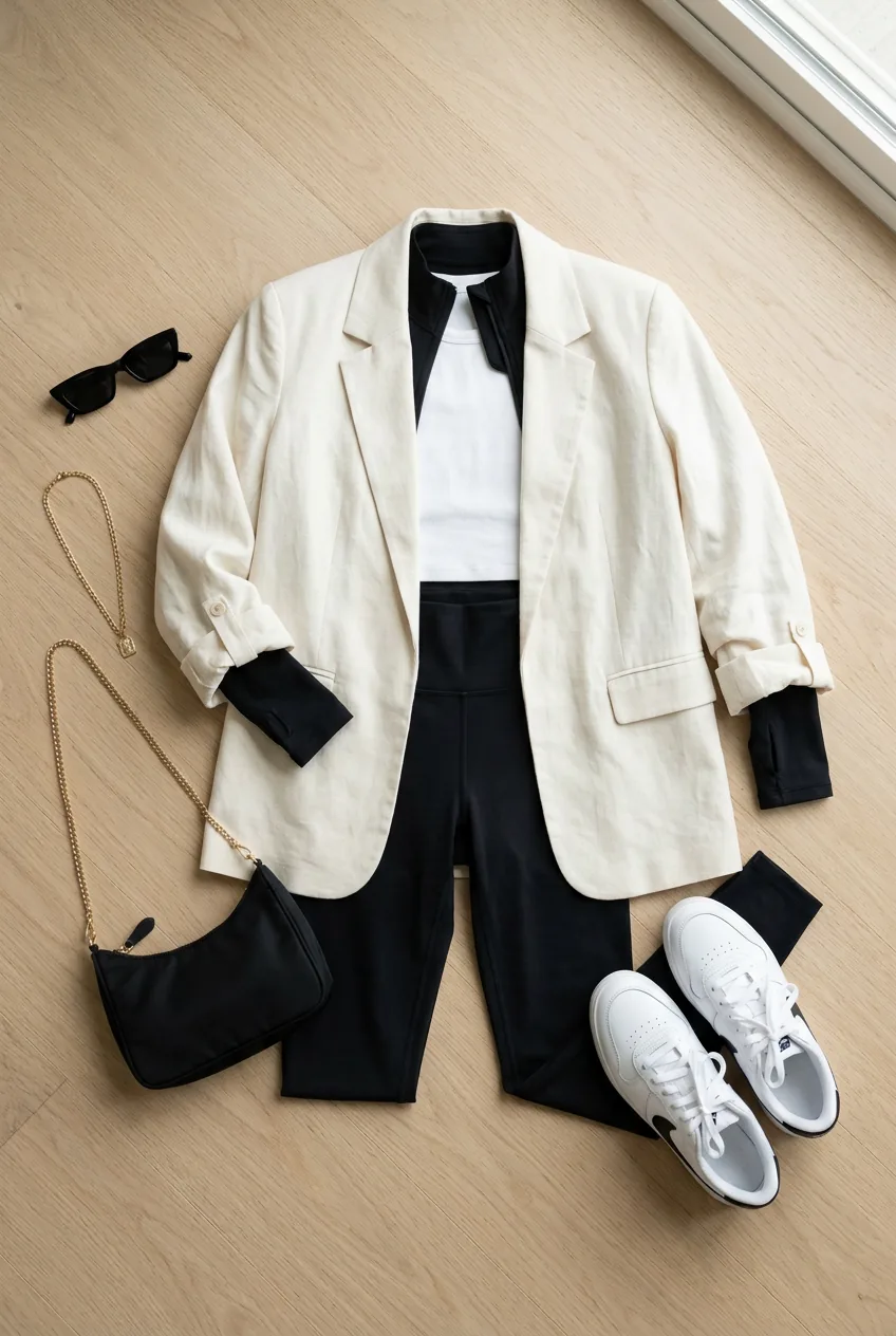 Oversized cream blazer layered over black athletic wear showing contrast between structured and fitted pieces