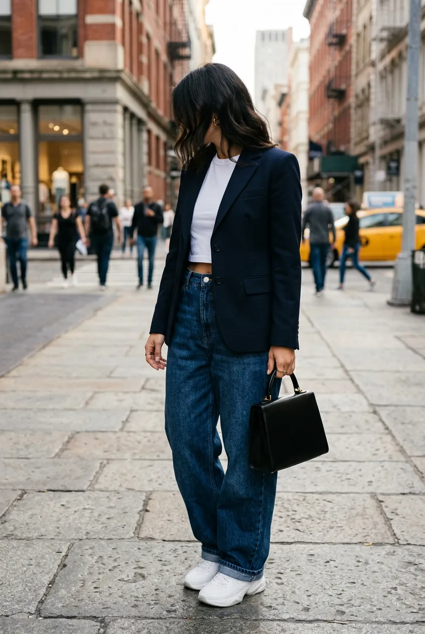 Woman in complete baggy jeans outfit with structured blazer and leather bag showing polished styling