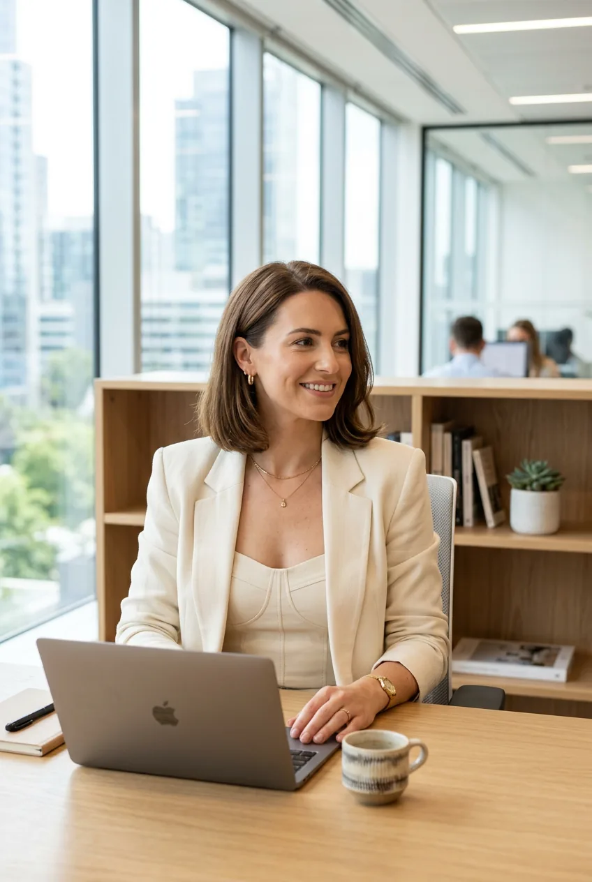 Woman in structured cream camisole and blazer at modern office desk with natural window lighting