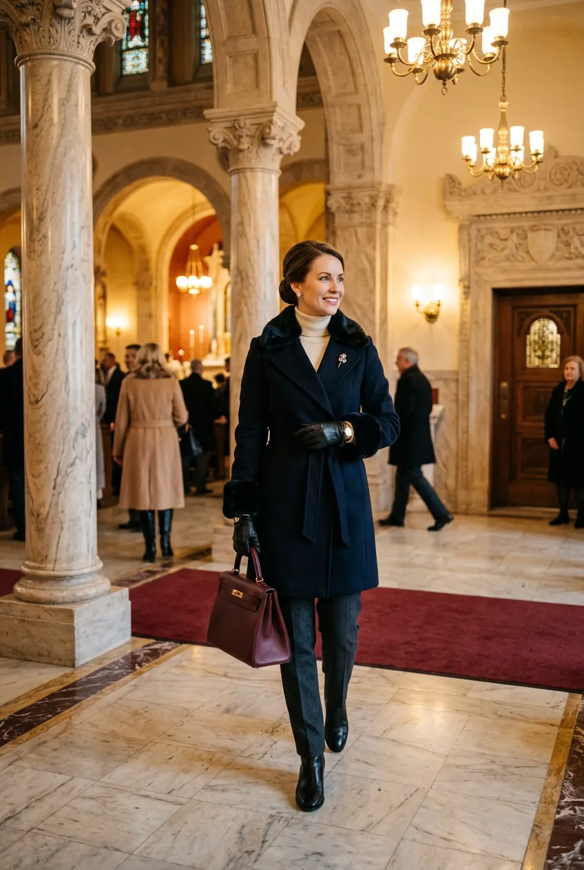 Woman holding structured leather handbag wearing complete winter church outfit in church lobby