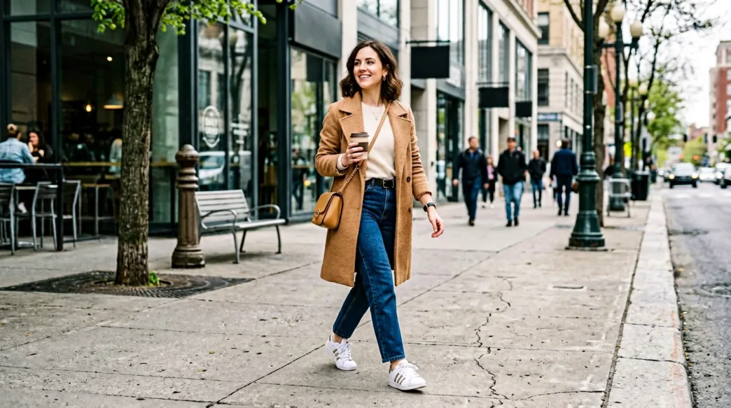Woman in perfectly coordinated casual outfit walking confidently on city sidewalk with natural styling