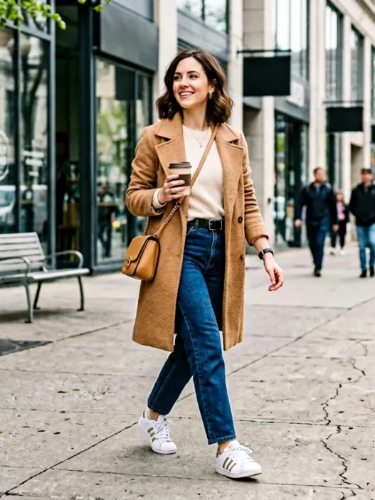 Woman in perfectly coordinated casual outfit walking confidently on city sidewalk with natural styling