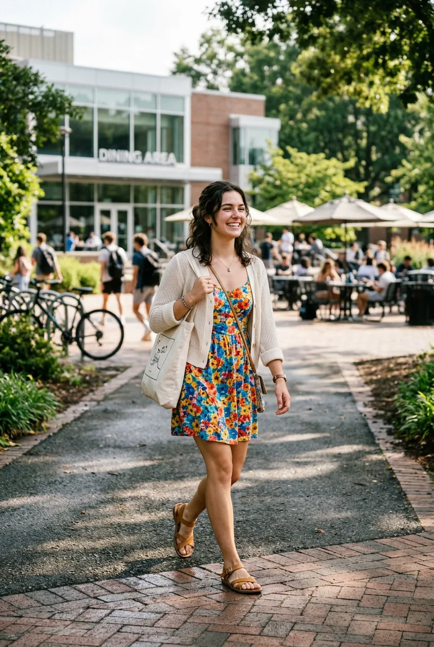 Woman wearing colorful printed sundress with cardigan walking toward campus dining area