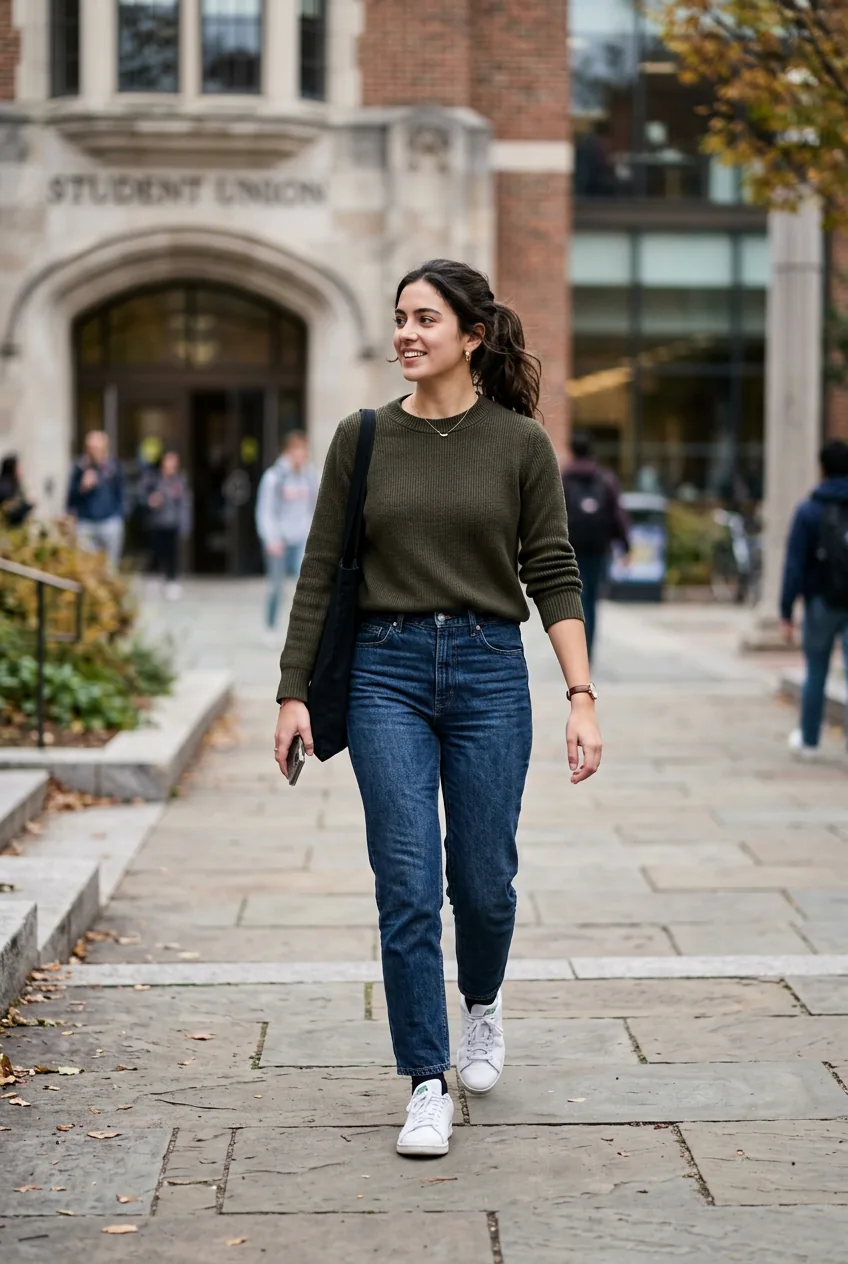 Woman in dark wash jeans with structured crew neck sweater walking to campus meeting