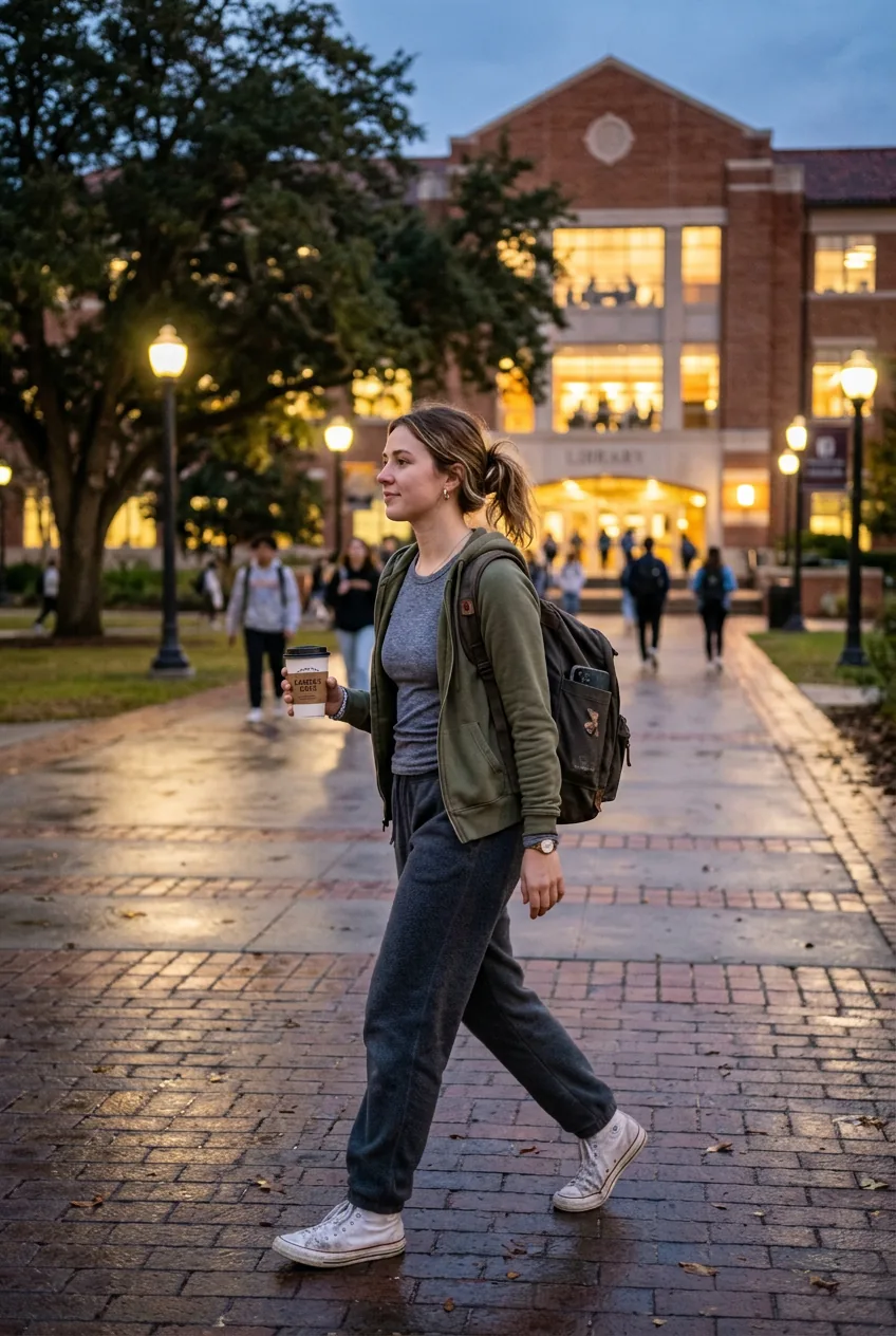 Woman in soft sweatpants and zip hoodie walking toward library during evening hours