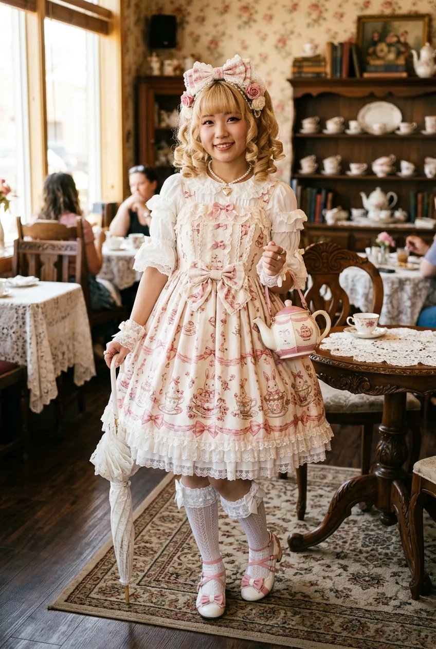 Woman in complete sweet lolita coordinate with pastel JSK standing in sunlit vintage tea room