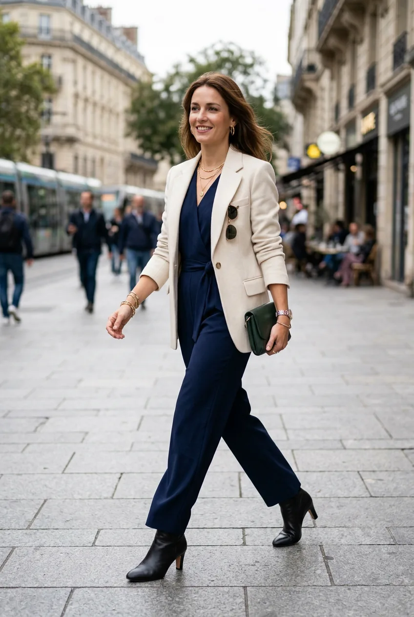 Woman wearing tailored jumpsuit, structured blazer, and heeled boots in special occasion casual look
