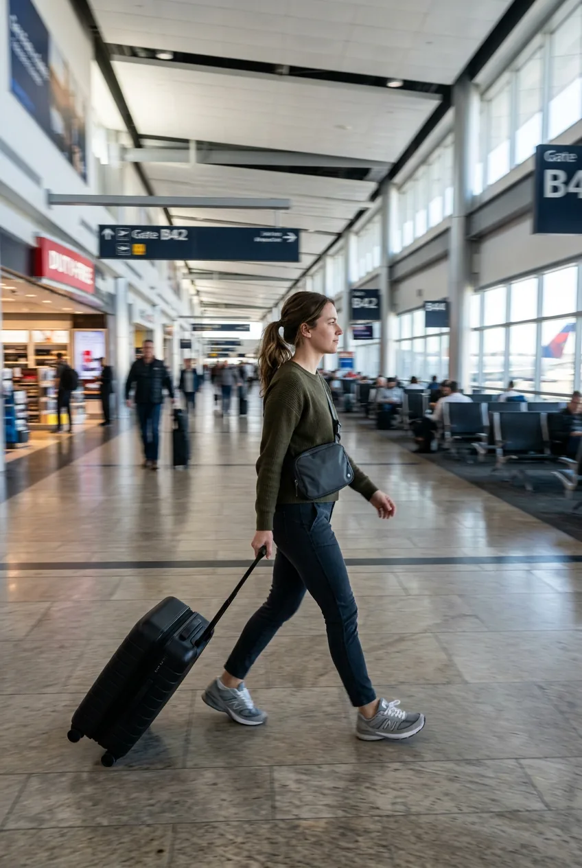 Woman walking through airport terminal corridor pulling luggage wearing comfortable white sneakers