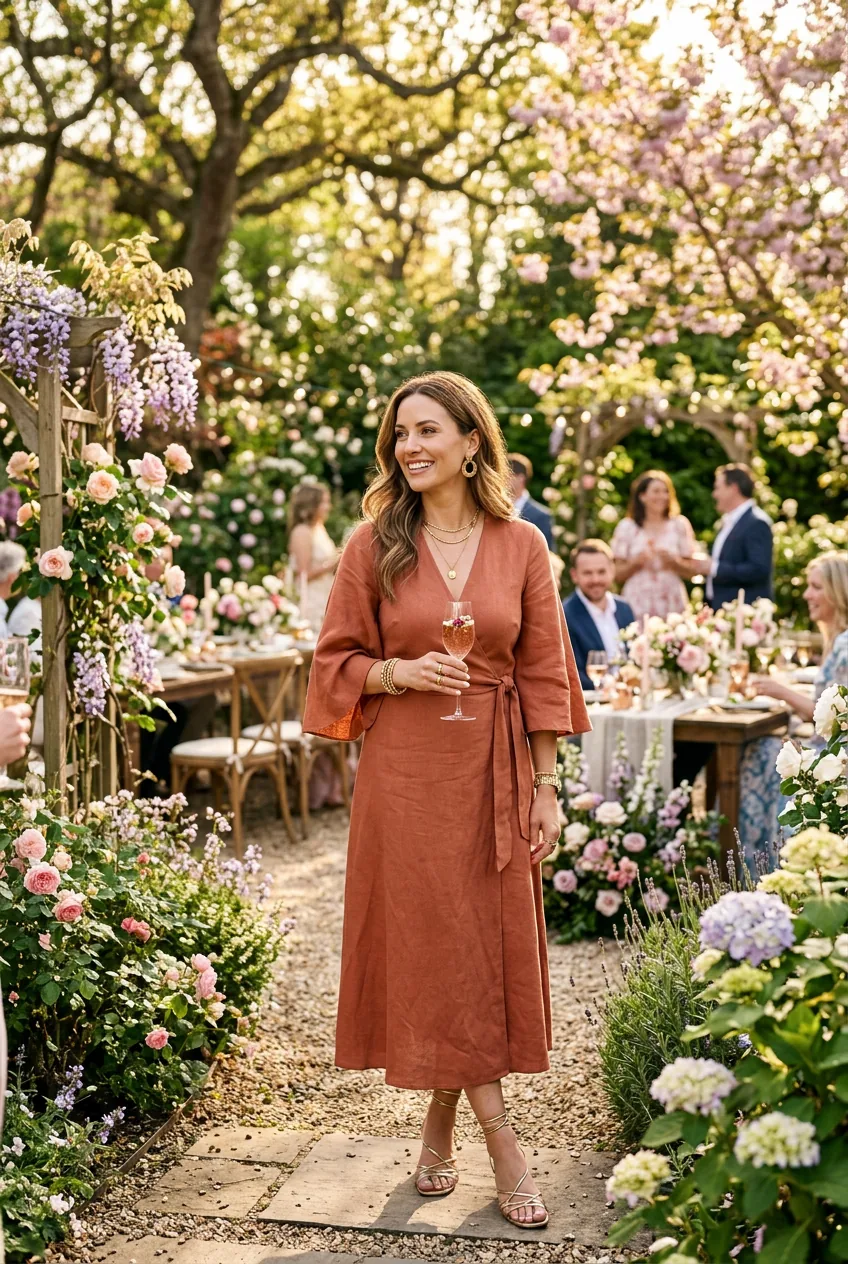 Woman in terracotta colored outfit with gold jewelry at spring garden party