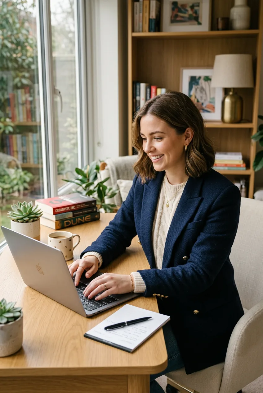 Woman in cream textured sweater layered under navy blazer with gold jewelry at bright workspace