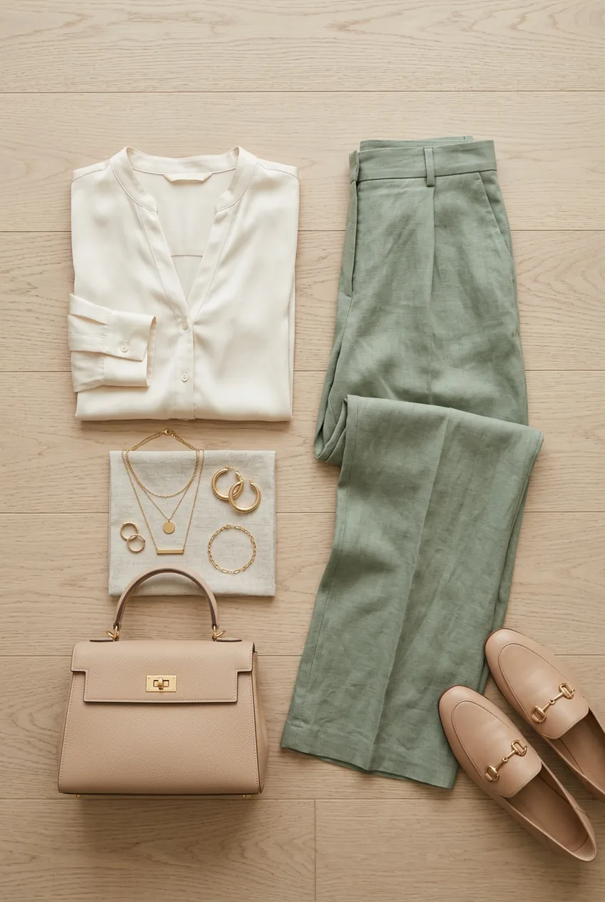 Three-color outfit palette displaying cream silk blouse, sage pants and gold jewelry coordination