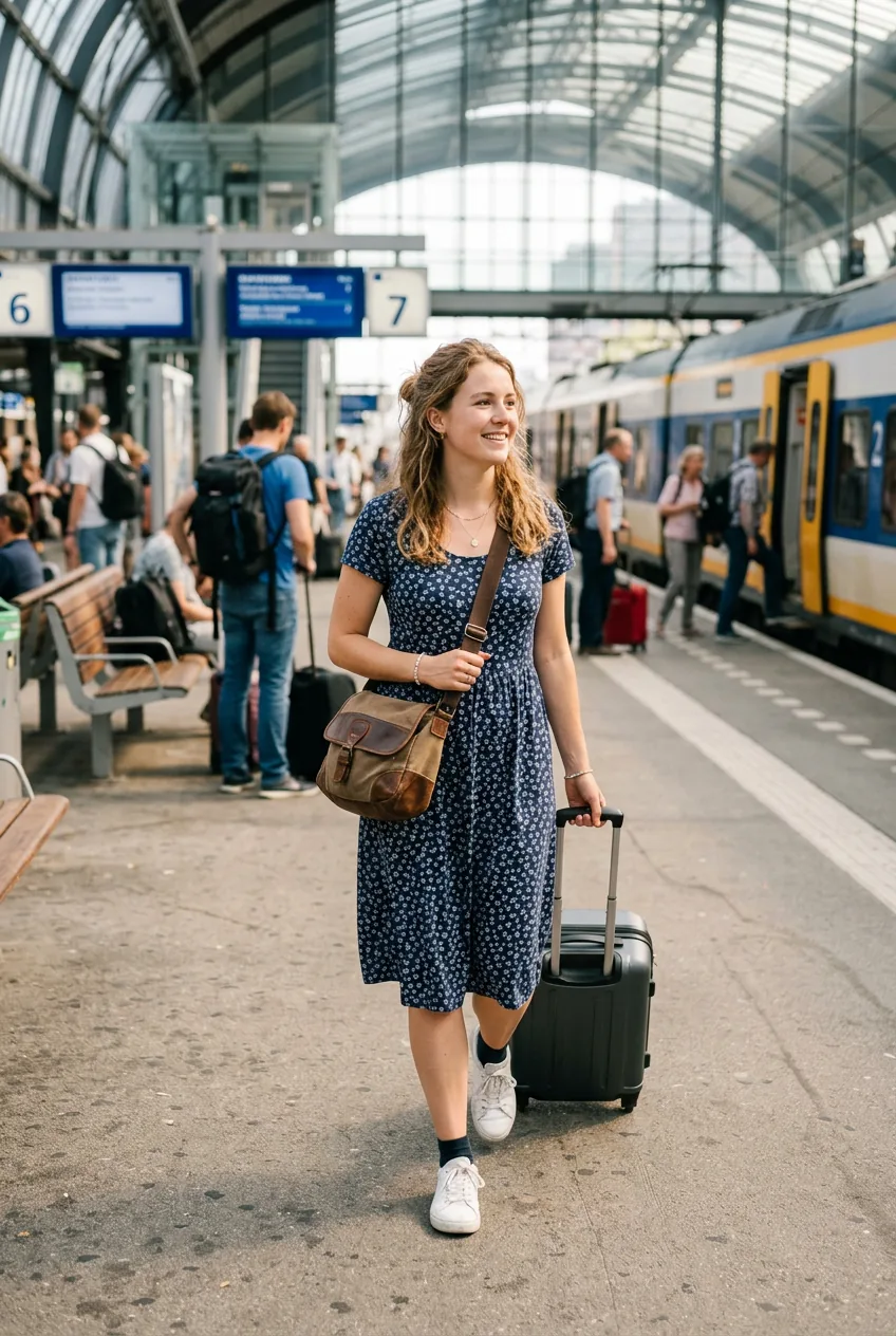 Woman in casual frock with crossbody bag at travel location showing comfortable outfit choice