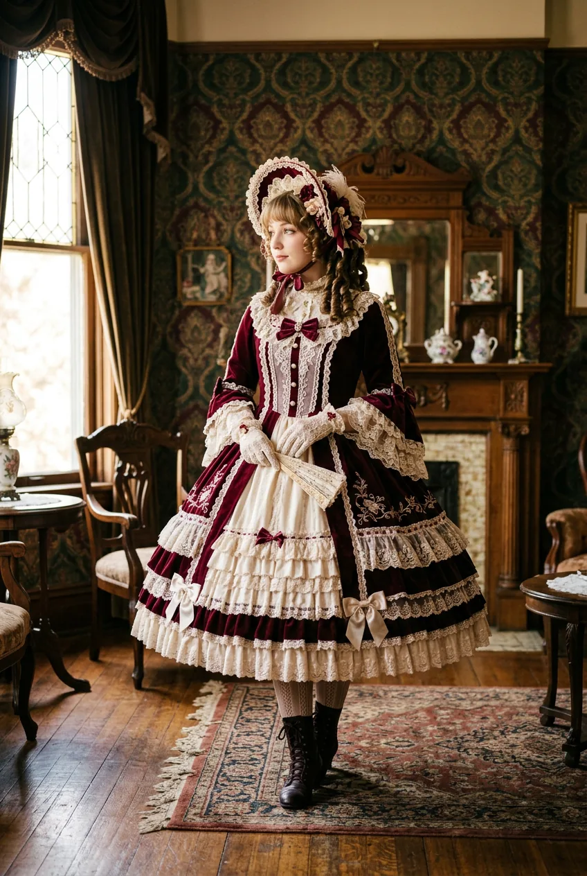Woman wearing elaborate Victorian-inspired lolita dress with full petticoat creating distinctive bell silhouette
