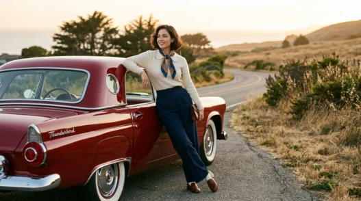 Woman in retro-inspired outfit leaning against vintage car door in warm afternoon light