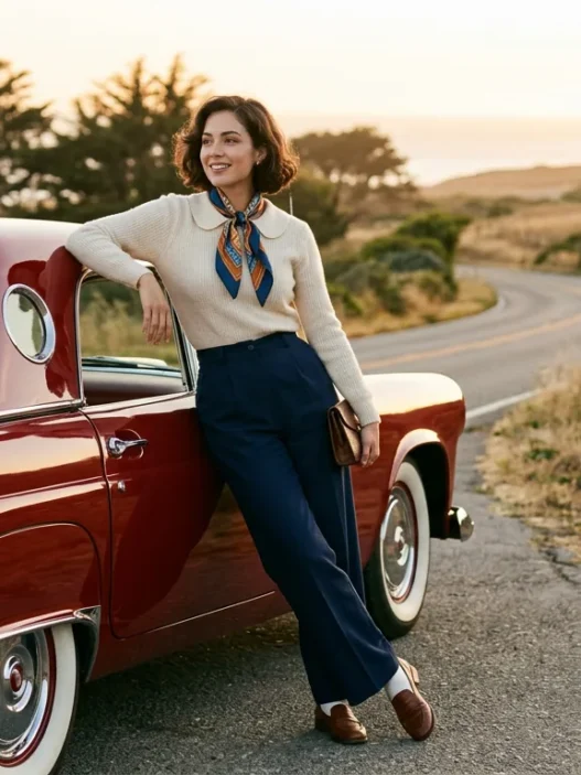 Woman in retro-inspired outfit leaning against vintage car door in warm afternoon light