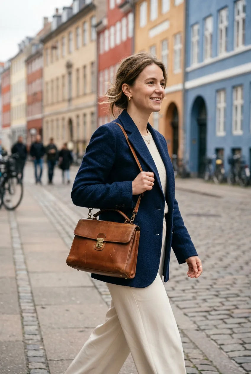 Woman carrying vintage brown leather structured bag wearing navy blazer and cream pants on Copenhagen street