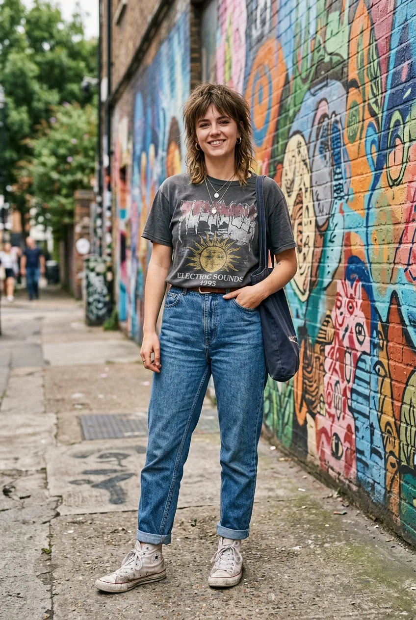 Woman in mom jeans, vintage graphic tee, and worn Converse for indie rock club