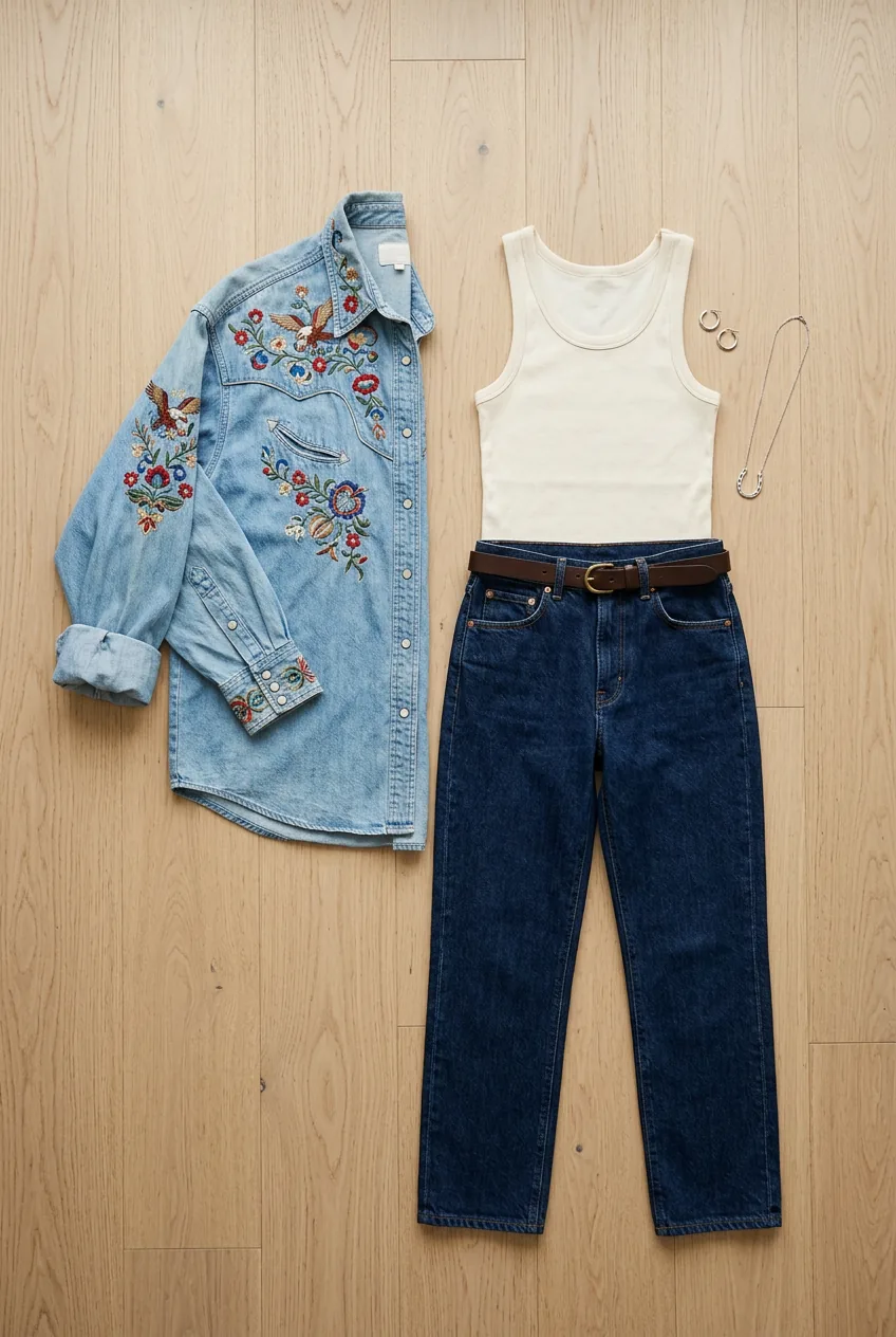 Proportional balance demonstration with fitted tank, oversized western shirt, and high-waisted jeans arrangement