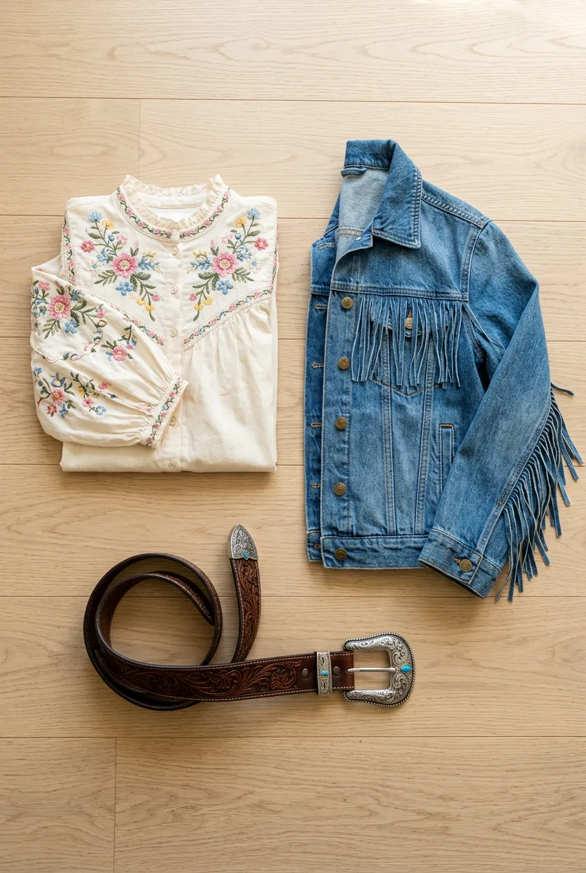 Western statement pieces including embroidered blouse, fringe jacket, and tooled leather belt arranged separately