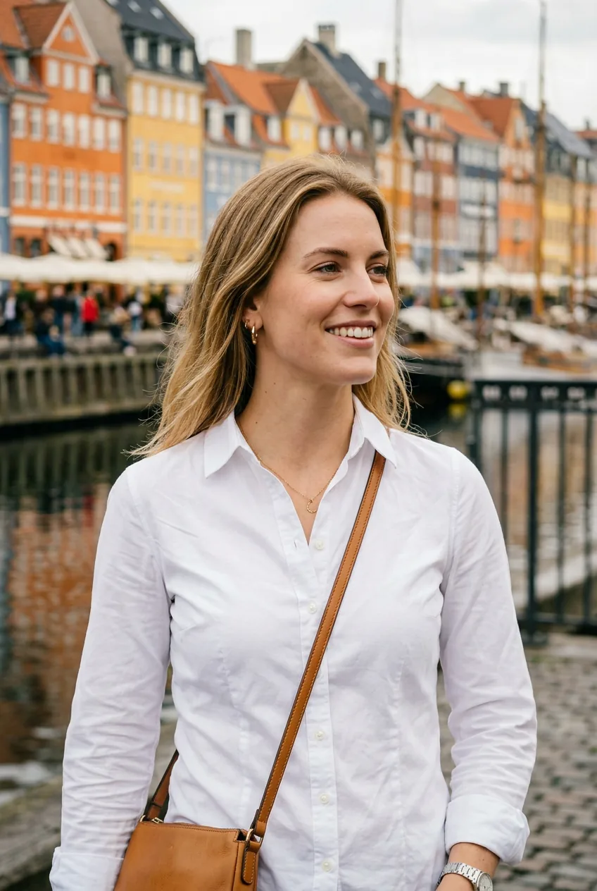 Woman in perfectly fitted white button-down shirt with black ankle boots walking past Copenhagen canal