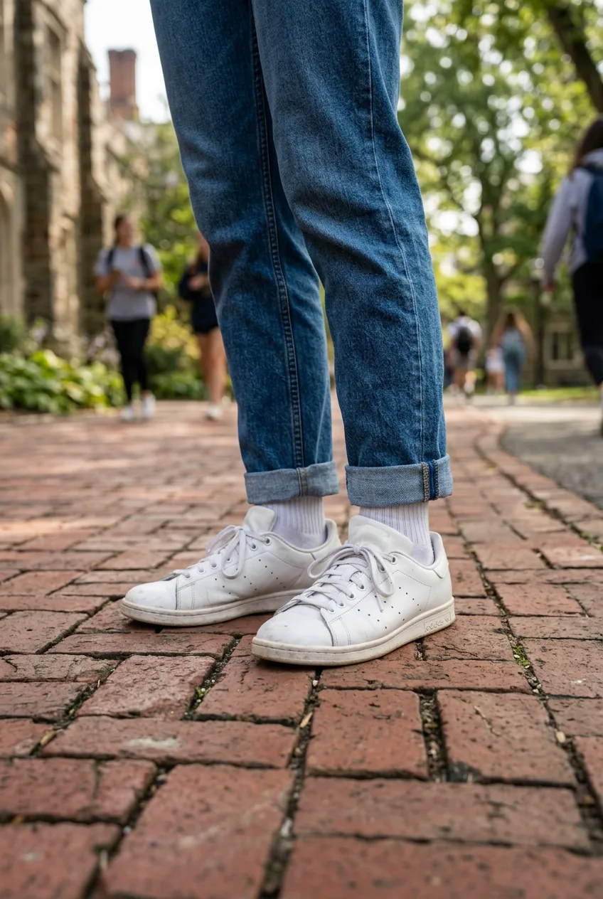 Close-up of white leather sneakers with cuffed jeans on brick campus pathway