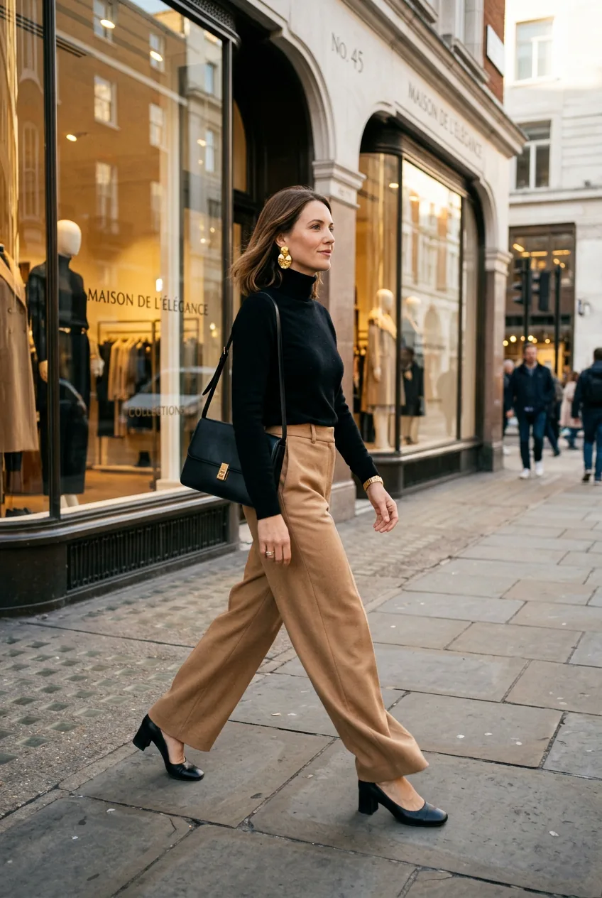 Woman wearing wide-leg camel trousers with black turtleneck and statement gold earrings